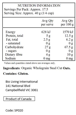 100% Organic Wholegrain Oats.