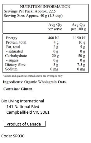 Organic Wheat Free Wholegrain Oats.

Contains: Gluten. 
