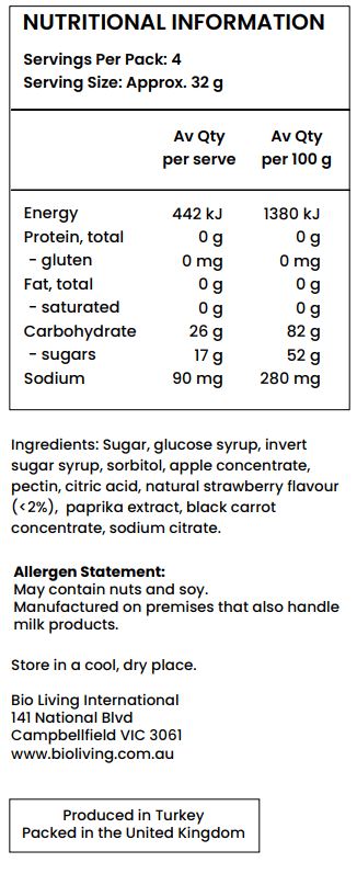 Sugar, Glucose Syrup, Invert Sugar Syrup, Sorbitol, Pectin, Apple Juice Concentrate, Citric Acid, Trisodium Citrate, Natural Strawberry Flavour (<2%), Natural Colours (Spirulina, Turmeric, Black Carrot). 

May Contain: Soy, Milk, Egg, Almond, Hazlenut, Peanut, Pistachio.

Manufactured on premises that also handle Wheat, Gluten. 