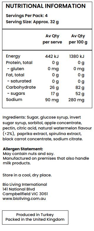Sugar, Glucose Syrup, Invert Sugar Syrup, Sorbitol, Pectin, Apple Juice Concentrate, Citric Acid, Trisodium Citrate, Natural Watermelon Flavour (<2%), Natural Colours (Spirulina, Turmeric, Black Carrot). 

May Contain: Soy, Milk, Egg, Almond, Hazlenut, Peanut, Pistachio.

Manufactured on premises that also handle Wheat, Gluten. 
