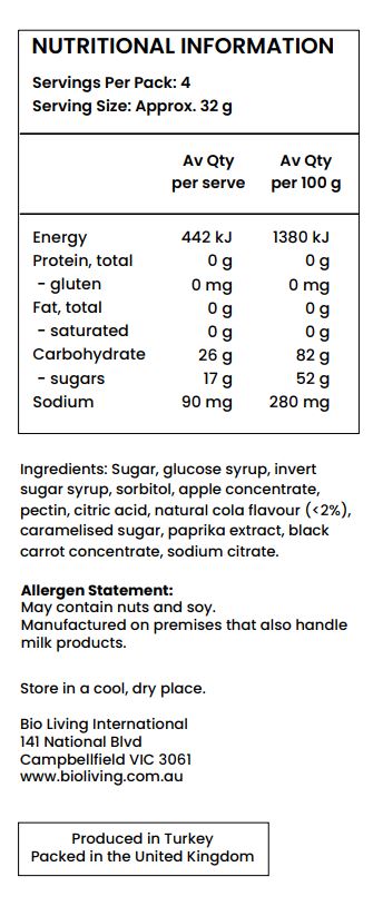 Sugar, Glucose Syrup, Invert Sugar Syrup, Sorbitol, Pectin, Apple Juice Concentrate, Citric Acid, Trisodium Citrate, Natural Cola Flavour (<2%), Natural Colours (Spirulina, Turmeric, Black Carrot). 

May Contain: Soy, Milk, Egg, Almond, Hazlenut, Peanut, Pistachio.

Manufactured on premises that also handle Wheat, Gluten. 