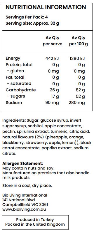 Sugar, Glucose Syrup, Invert Sugar Syrup, Sorbitol, Pectin, Apple Juice Concentrate, Citric Acid, Trisodium Citrate, Natural Pineapple Flavour (<2%), Natural Colours (Spirulina, Turmeric, Black Carrot). 

May Contain: Soy, Milk, Egg, Almond, Hazlenut, Peanut, Pistachio.

Manufactured on premises that also handle Wheat, Gluten. 