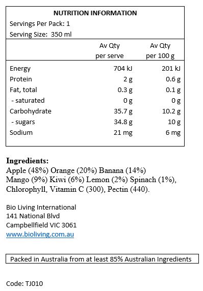 Apple (48%), Orange (20%), Banana (14%), Mango (9%), Kiwi (6%), Lemon (2%), Spinach (1%), Chlorophyll, Vitamin C.