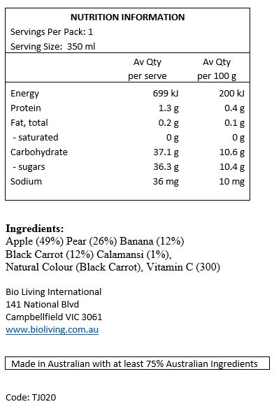 Apple (49%), Pear (26%), Banana (12%), Black Carrot (12%), Calamansi (1%), Natural Colour (Black Carrot), Vitamin C.