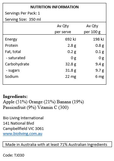 Apple (51%), Orange (21%), Banana (19%), Passionfruit (9%), Vitamin C.