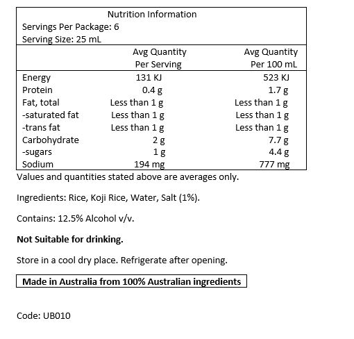 Rice, Koji Rice, Water, Salt.
CONTAINS 12.5% ALCOHOL. THE ALCOHOL WILL BE REDUCED 
DURING COOKING. NOT SUITABLE FOR DRINKING