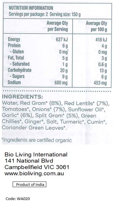 Water, Onion* (10%), Tomato*, Red Lentils/Masoor Dal* (9%), Red Gram Dal/Pigeon Pea/Arhar* (9%), Garlic* (2%), Sunflower Oil*, Split Bengal Gram/Chana Dal* (1%), Salt*, Ginger*, Chillies*, Cumin Seeds*, Turmeric*, Coriander Leaves*, Coconut Milk*.
*Organic. May contain traces of nuts and/or seeds.