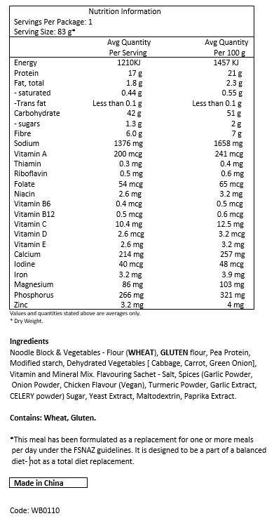Noodle Block & Vegetables - Flour (WHEAT), GLUTEN flour, Pea protein, Modified starch, Dehydrated Vegetables [ Cabbage, Carrot, Green onion], Vitamin and Mineral Mix.
Flavouring Sachet - Salt, Spices (Garlic powder, Onion powder, Turmeric powder, 
Garlic extract, CELERY powder) Sugar, Yeast Extract, Maltodextrin, Paprika extract.
CONTAINS: WHEAT, GLUTEN, CELERY.