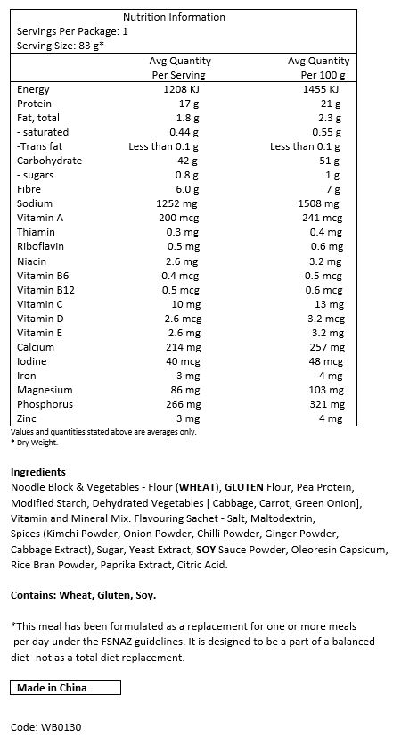 Noodle Block & Vegetables - Flour (WHEAT), GLUTEN flour, Pea protein, Modified starch, Dehydrated Vegetables [ Cabbage, Carrot, Green onion], Vitamin and Mineral Mix. 
Flavouring Sachet - Salt, Maltodextrin, Spices (Kimchi powder, Onion powder, 
Chilli powder, Ginger powder, Cabbage extract), Sugar, Yeast extract, SOY sauce 
powder, Oleoresin Capsicum, Rice bran powder, Paprika extract, Citric acid. 
CONTAINS: WHEAT, GLUTEN, SOY