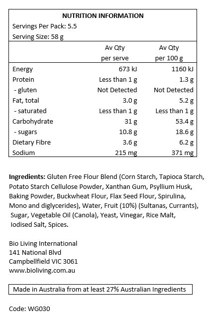 Gluten Free Flour Blend (Corn Starch, Tapioca Starch, Potato Starch, Psyllium Husk, Sugar, Cellulose Powder, Iodised Salt, Modified Tapioca, Flax Seed Flour, Baking Powder, Mono and diglycerides of Fatty Acids, Xanthan Gum, Spirulina) Water, Fruit (10%) (Sultana, Currant), Yeast, Oil, Vinegar, Spice. 