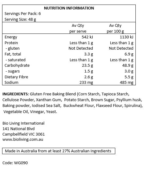 Gluten Free Baking Blend (Corn Starch, Tapioca Starch, Cellulose Powder, Xanthan Gum, Potato Starch, Brown Sugar, Psyllium Husk, GDL, Baking Powder, Iodised Sea Salt, Palm Oil, Buckwheat Flour, Flax Seed Flour, Spirulina), Vegetable Oil, Yeast. 
