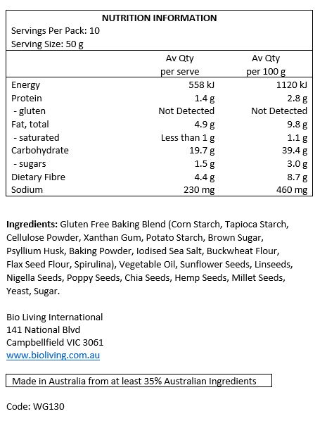 Gluten Free Baking Blend (Corn Starch, Tapioca Starch, Cellulose Powder, Xanthan Gum, Potato Starch, Brown Sugar, Psyllium Husk, Baking Powder, Iodised Sea Salt, Buckwheat Flour, Flax Seed Flour, Spirulina), Vegetable Oil, Sunflower Seeds, Linseeds, Nigella Seeds, Poppy Seeds, Chia Seeds, Hemp Seeds, Millet Seeds, Yeast, Sugar.
